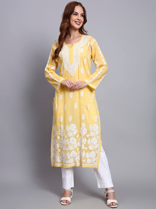 Women Hand Embroidered Chikankari Mulmul Kurti -AL3723 Yellow