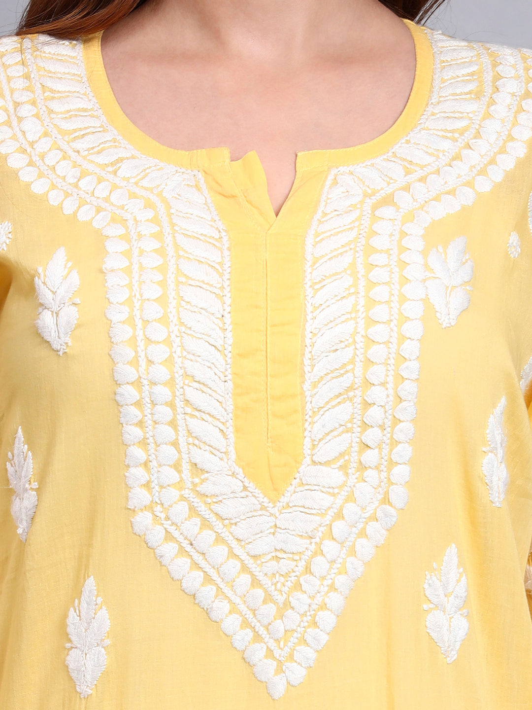 Women Hand Embroidered Chikankari Mulmul Kurti -AL3723 Yellow