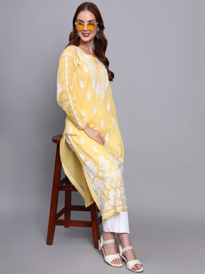 Women Hand Embroidered Chikankari Mulmul Kurti -AL3723 Yellow