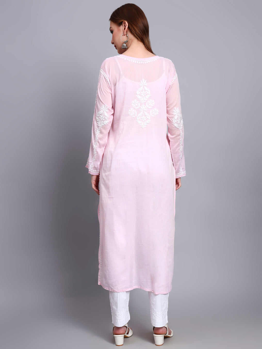 Women Hand Embroidered Chikankari Mulmul Kurti -AL3723 Pink
