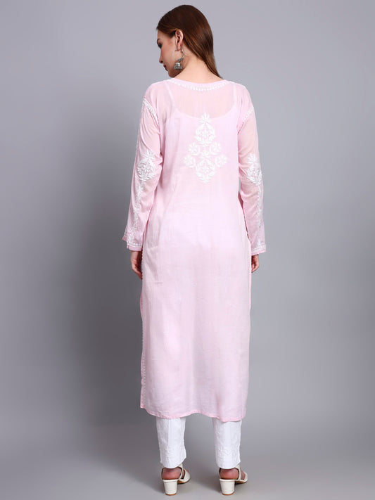 Women Hand Embroidered Chikankari Mulmul Kurti -AL3723 Pink