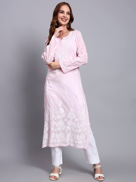 Women Hand Embroidered Chikankari Mulmul Kurti -AL3723 Pink