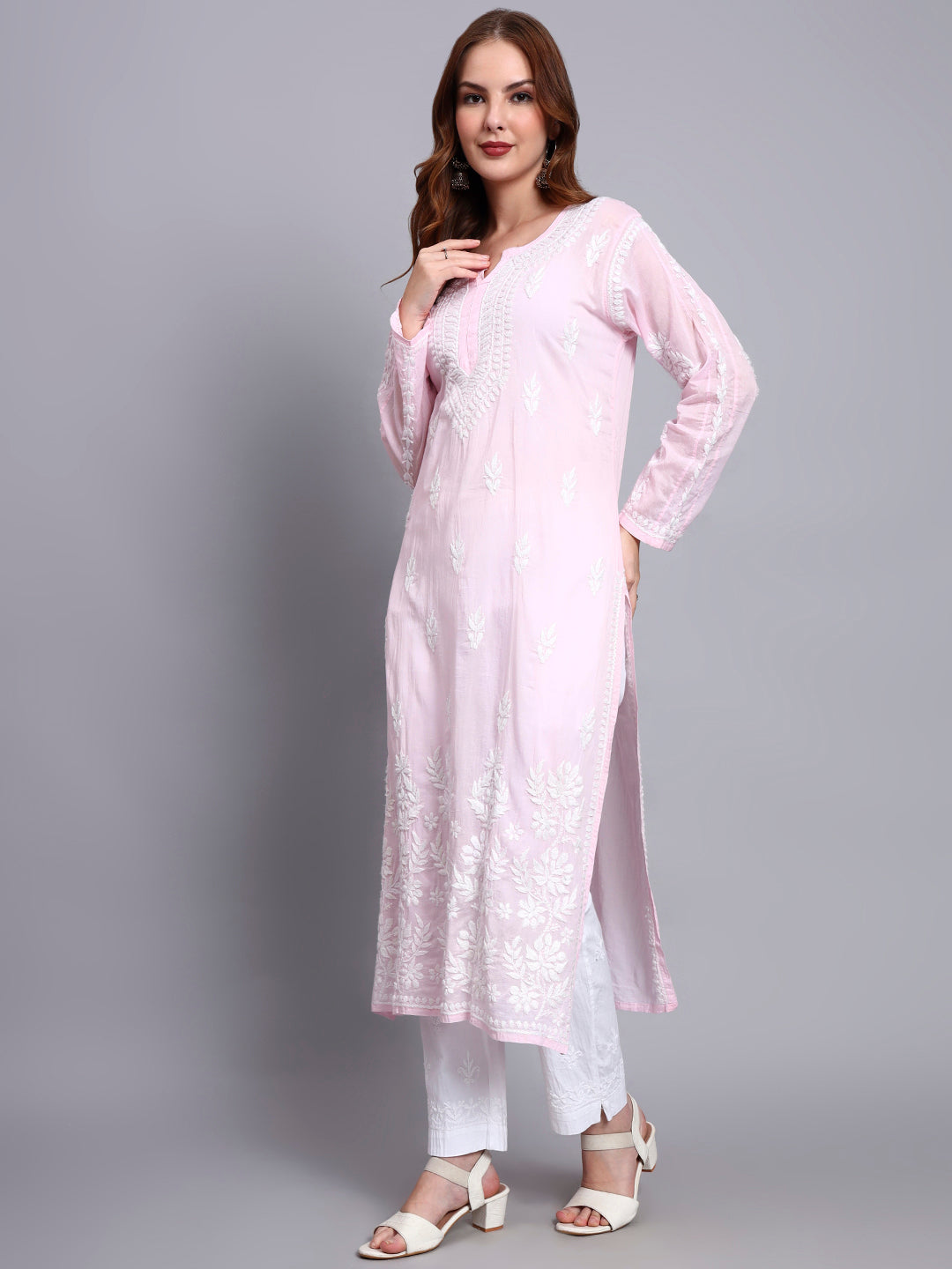 Women Hand Embroidered Chikankari Mulmul Kurti -AL3723 Pink