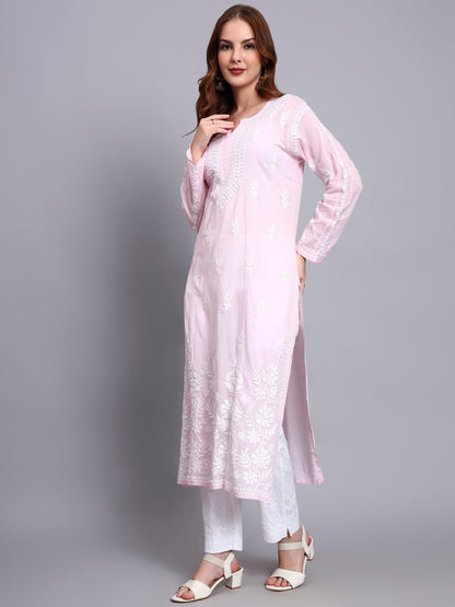 Women Hand Embroidered Chikankari Mulmul Kurti -AL3723 Pink