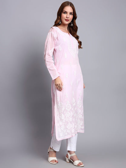 Women Hand Embroidered Chikankari Mulmul Kurti -AL3723 Pink