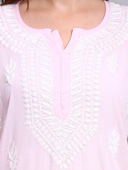 Women Hand Embroidered Chikankari Mulmul Kurti -AL3723 Pink