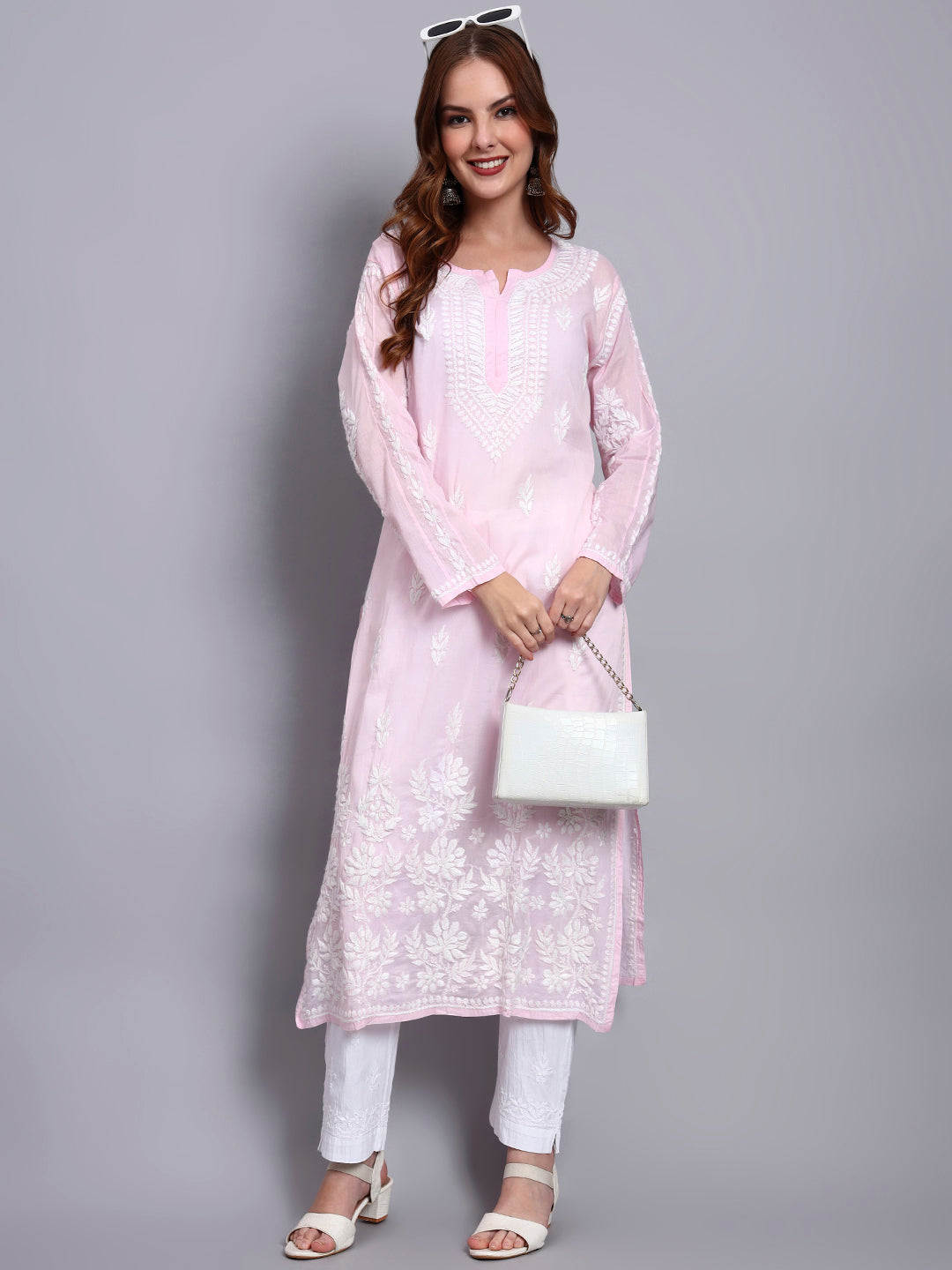 Women Hand Embroidered Chikankari Mulmul Kurti -AL3723 Pink