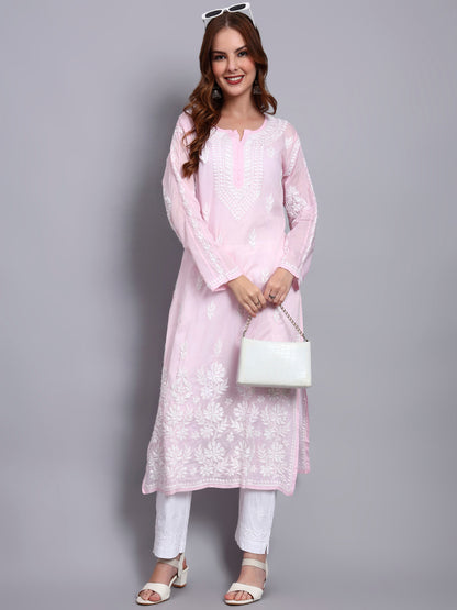 Women Hand Embroidered Chikankari Mulmul Kurti -AL3723 Pink