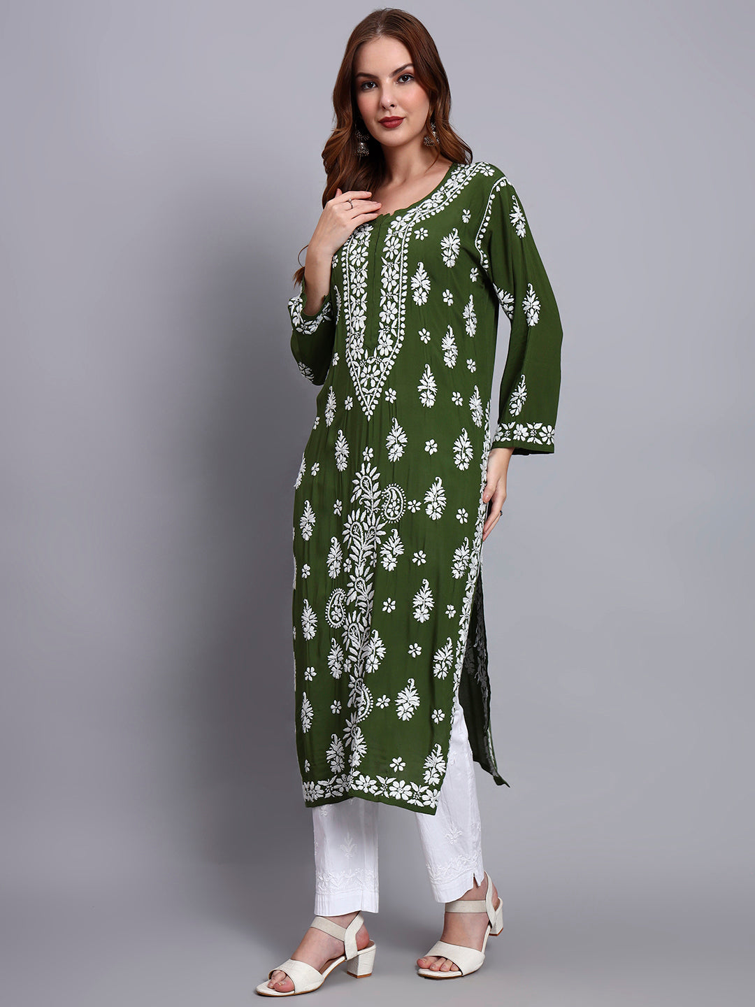 Women Hand Embroidered Chikankari Modal Straight Kurta-AL4042 Forest Green