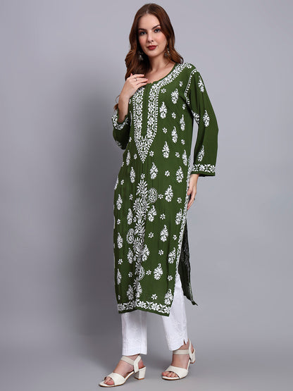 Women Hand Embroidered Chikankari Modal Straight Kurta-AL4042 Forest Green