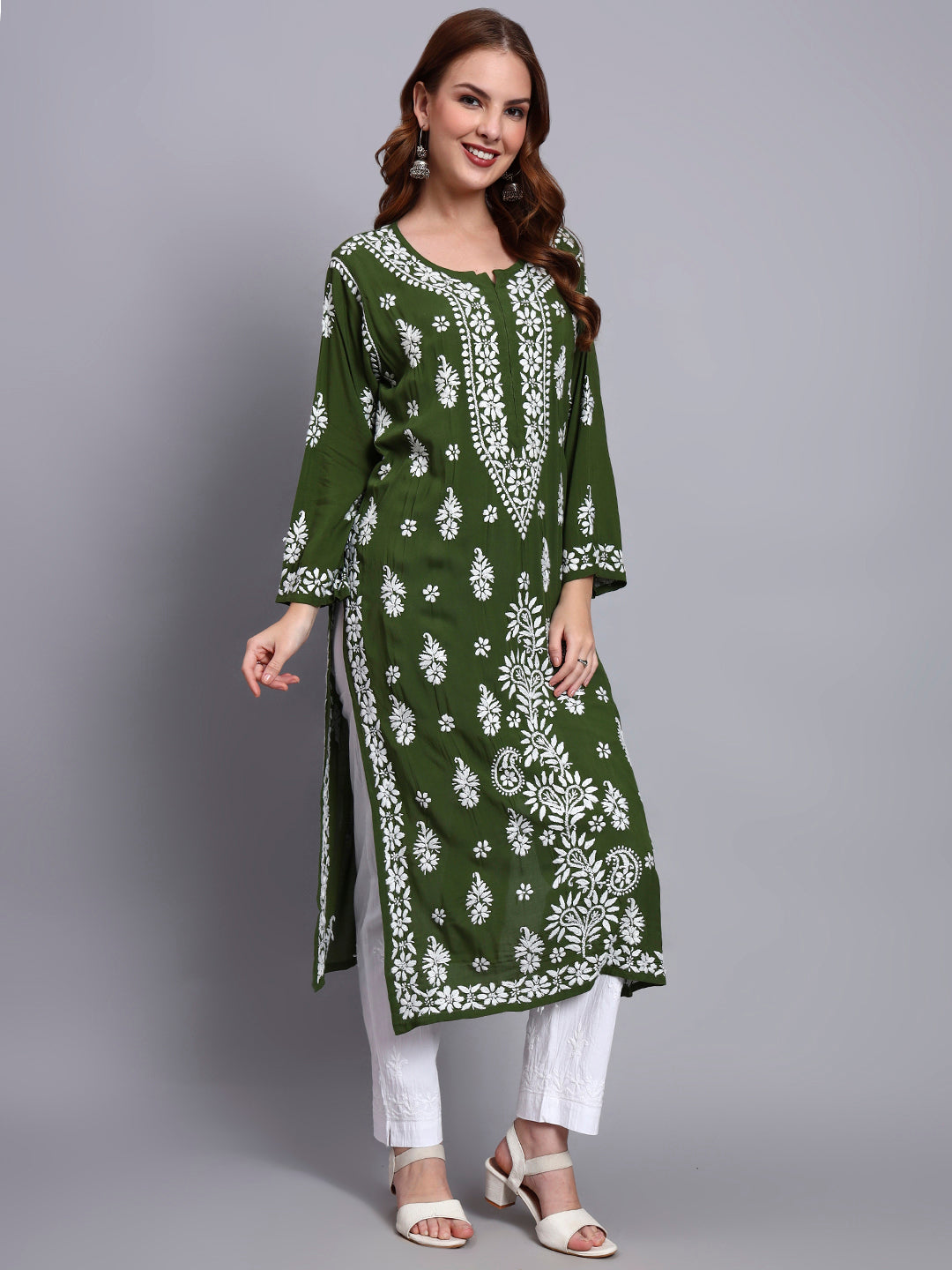 Women Hand Embroidered Chikankari Modal Straight Kurta-AL4042 Forest Green