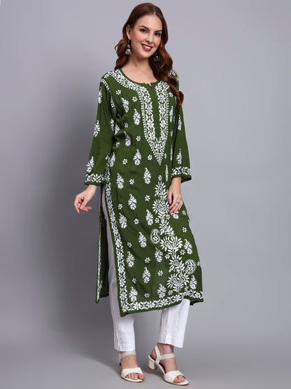 Women Hand Embroidered Chikankari Modal Straight Kurta-AL4042 Forest Green