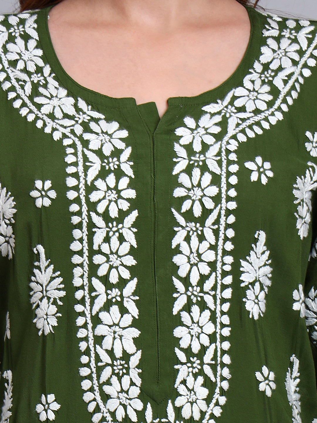 Women Hand Embroidered Chikankari Modal Straight Kurta-AL4042 Forest Green
