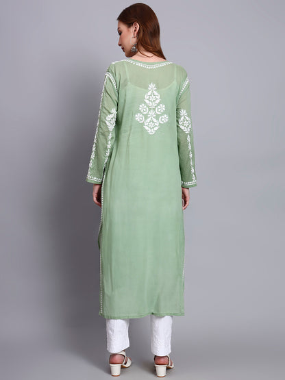 Women Hand Embroidered Chikankari Mulmul Kurti -AL3723 Green