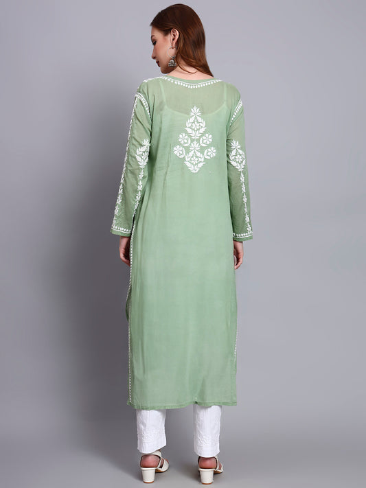 Women Hand Embroidered Chikankari Mulmul Kurti -AL3723 Green