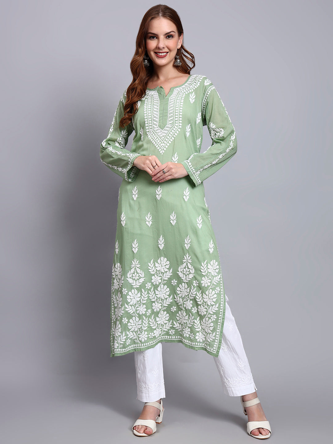 Women Hand Embroidered Chikankari Mulmul Kurti -AL3723 Green