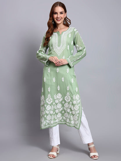 Women Hand Embroidered Chikankari Mulmul Kurti -AL3723 Green