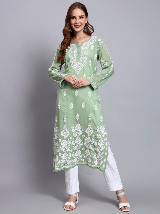 Women Hand Embroidered Chikankari Mulmul Kurti -AL3723 Green