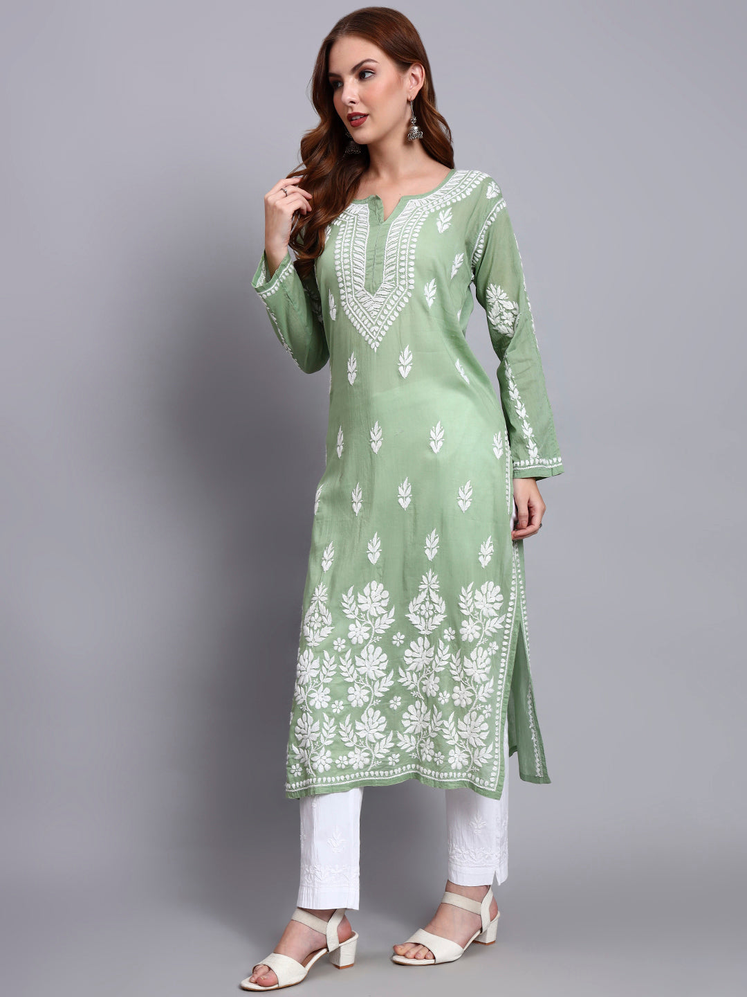 Women Hand Embroidered Chikankari Mulmul Kurti -AL3723 Green