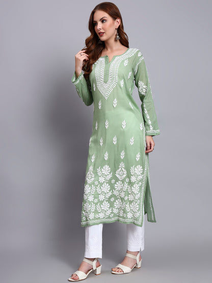 Women Hand Embroidered Chikankari Mulmul Kurti -AL3723 Green