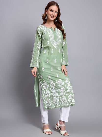 Women Hand Embroidered Chikankari Mulmul Kurti -AL3723 Green