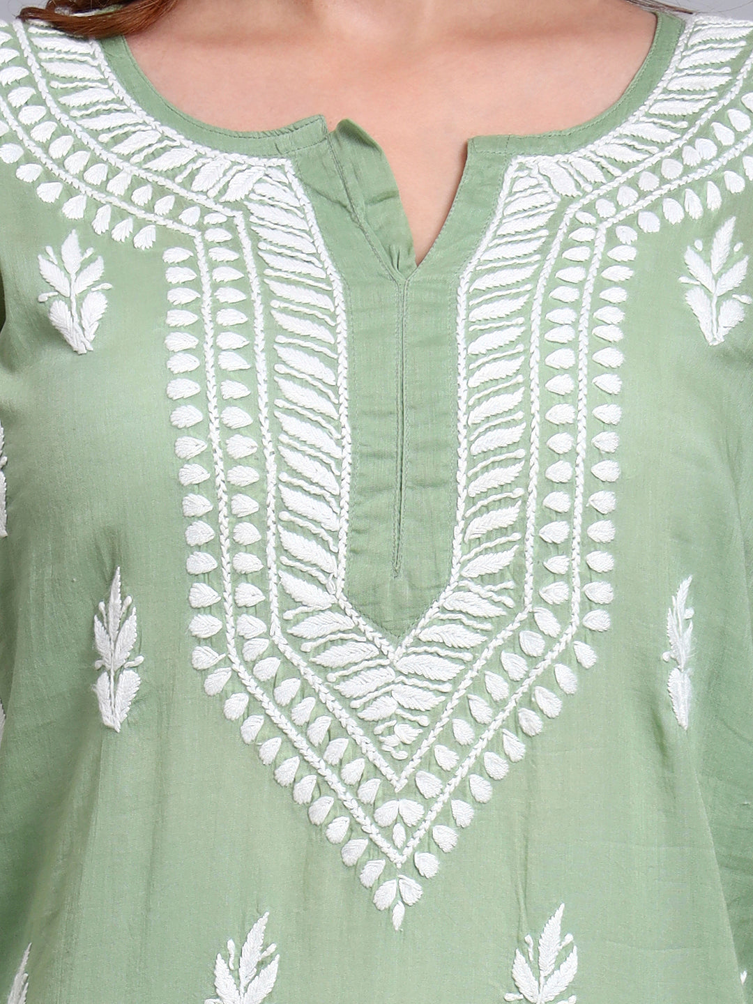 Women Hand Embroidered Chikankari Mulmul Kurti -AL3723 Green