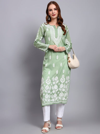 Women Hand Embroidered Chikankari Mulmul Kurti -AL3723 Green
