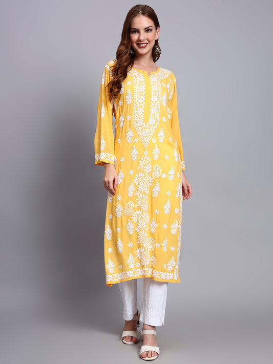 Women Hand Embroidered Chikankari Modal Straight Kurta-AL4042 Yellow