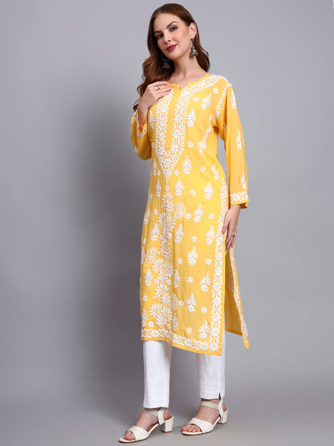 Women Hand Embroidered Chikankari Modal Straight Kurta-AL4042 Yellow