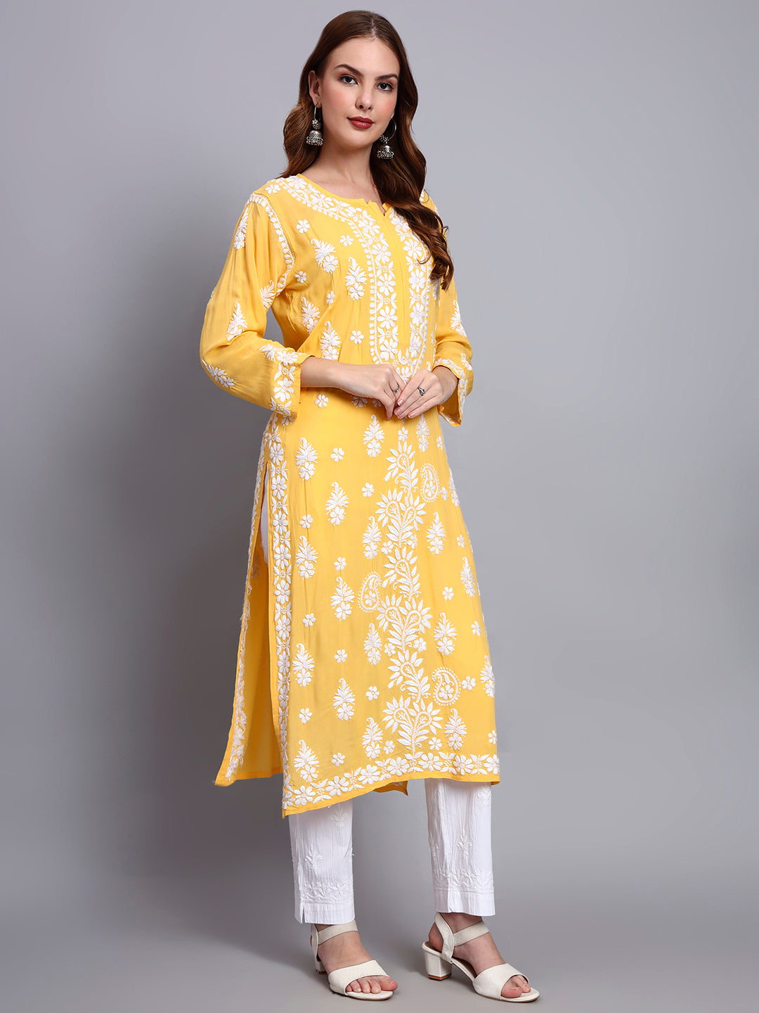 Women Hand Embroidered Chikankari Modal Straight Kurta-AL4042 Yellow