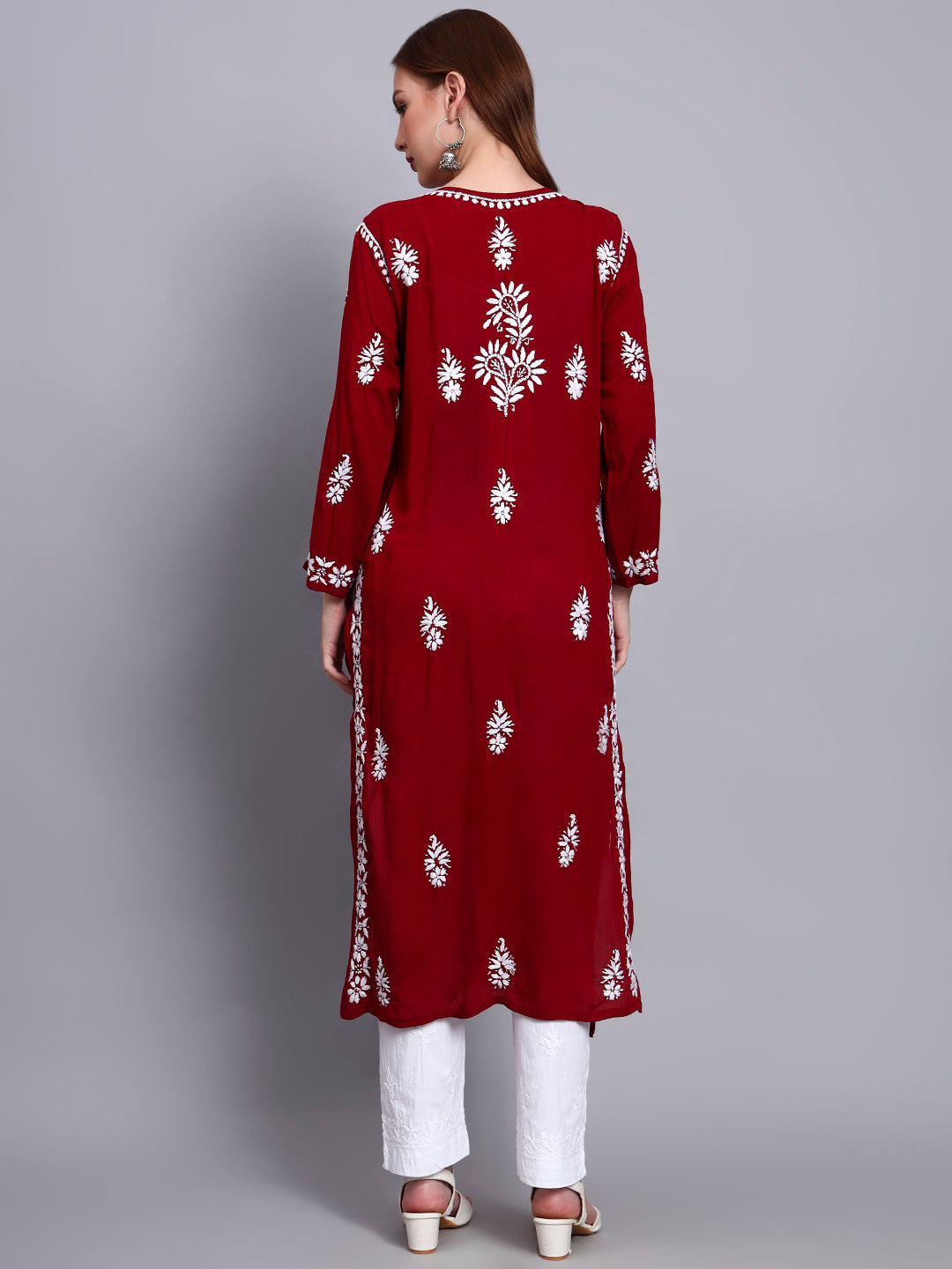 Women Hand Embroidered Chikankari Modal Straight Kurta-AL4042 Maroon