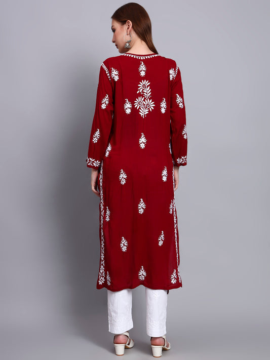 Women Hand Embroidered Chikankari Modal Straight Kurta-AL4042 Maroon