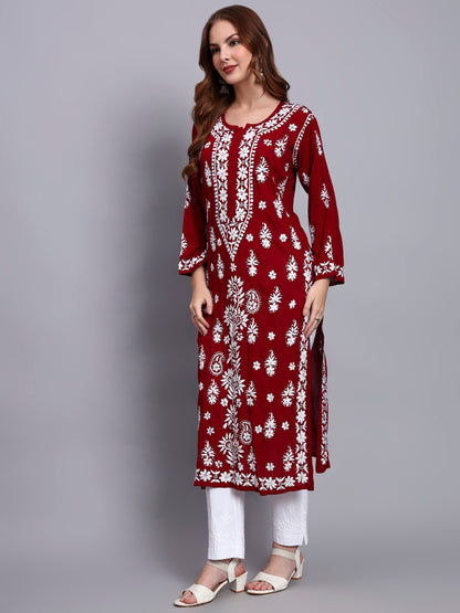 Women Hand Embroidered Chikankari Modal Straight Kurta-AL4042 Maroon