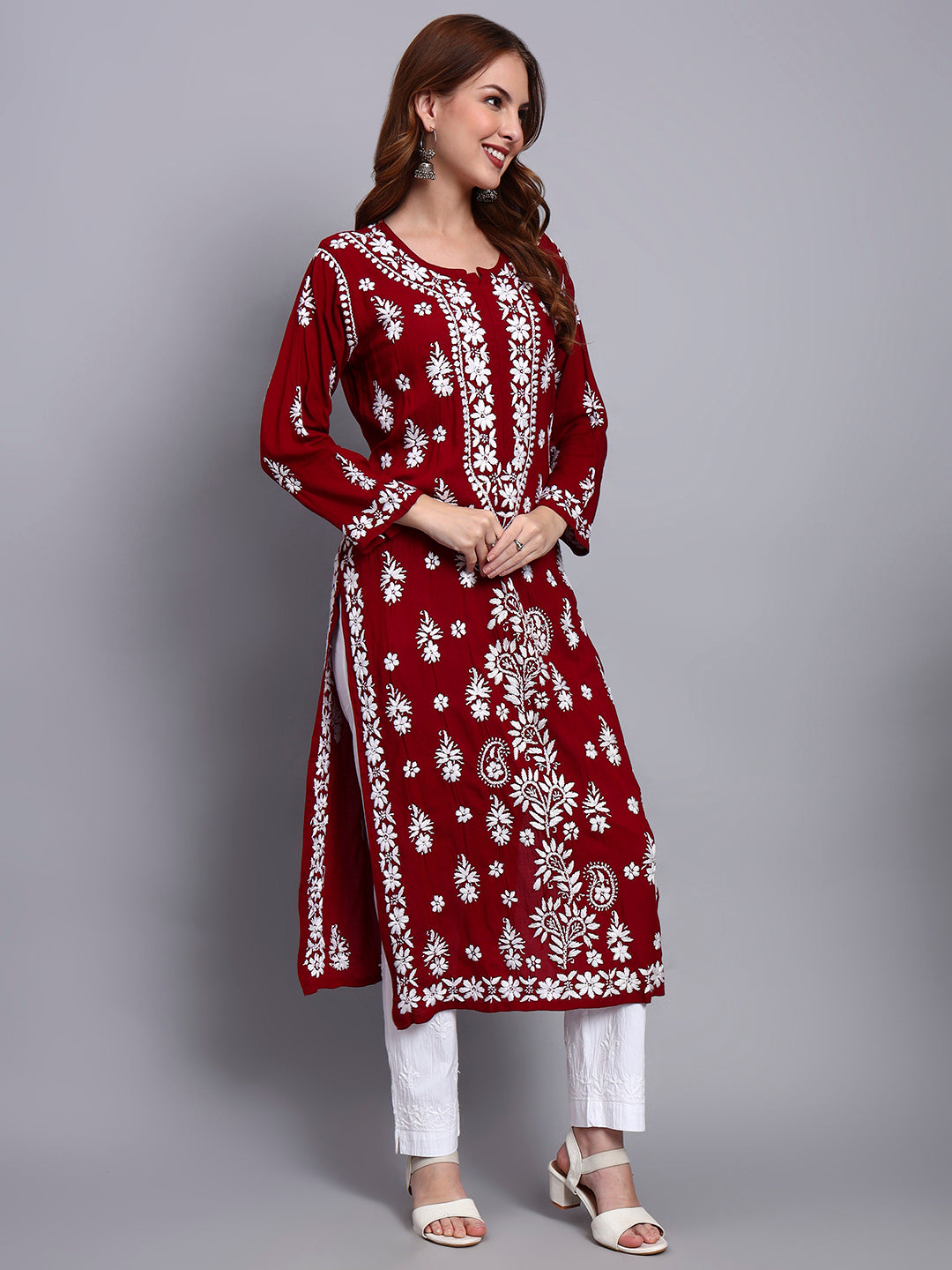 Women Hand Embroidered Chikankari Modal Straight Kurta-AL4042 Maroon