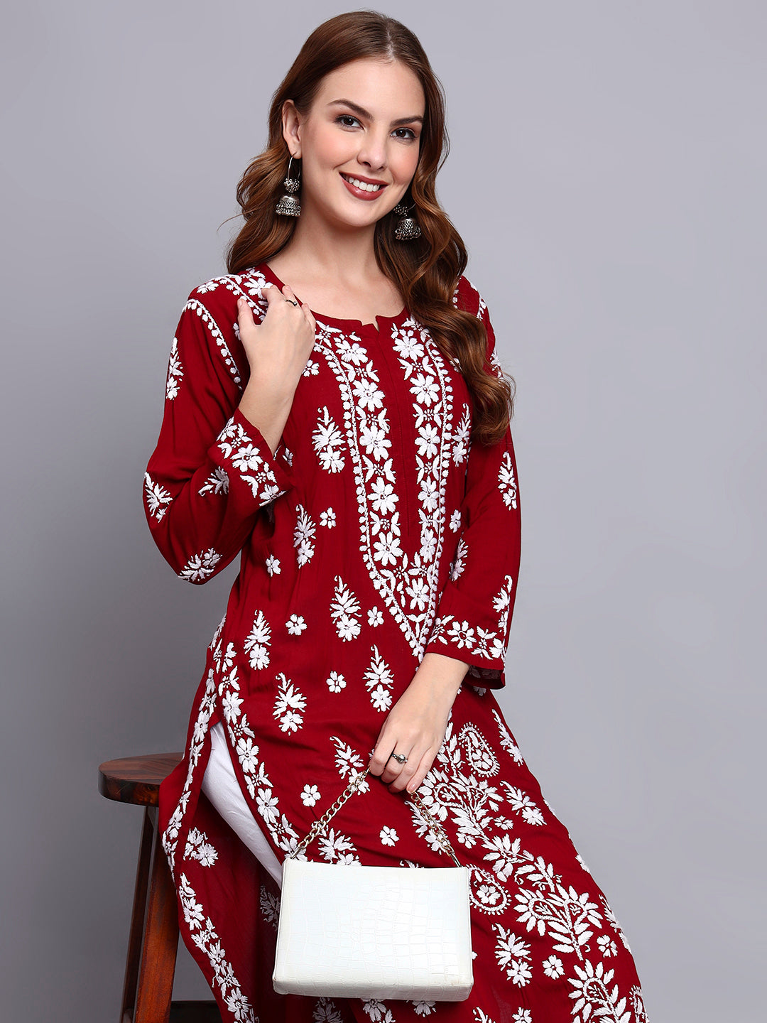 Women Hand Embroidered Chikankari Modal Straight Kurta-AL4042 Maroon