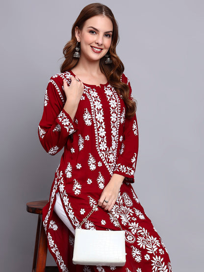 Women Hand Embroidered Chikankari Modal Straight Kurta-AL4042 Maroon