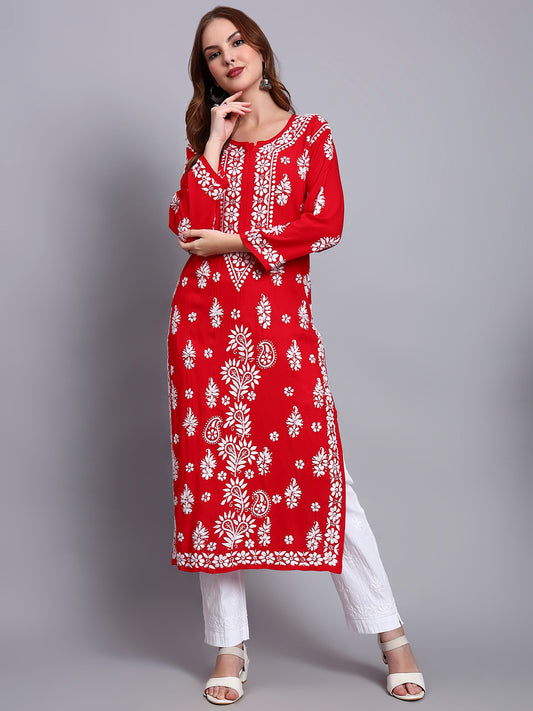 Women Hand Embroidered Chikankari Modal Straight Kurta-AL4042 Red
