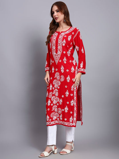Women Hand Embroidered Chikankari Modal Straight Kurta-AL4042 Red