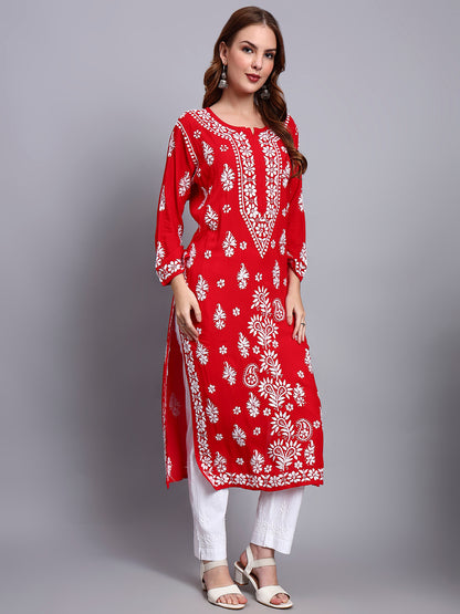 Women Hand Embroidered Chikankari Modal Straight Kurta-AL4042 Red