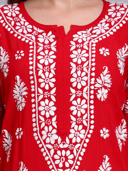 Women Hand Embroidered Chikankari Modal Straight Kurta-AL4042 Red
