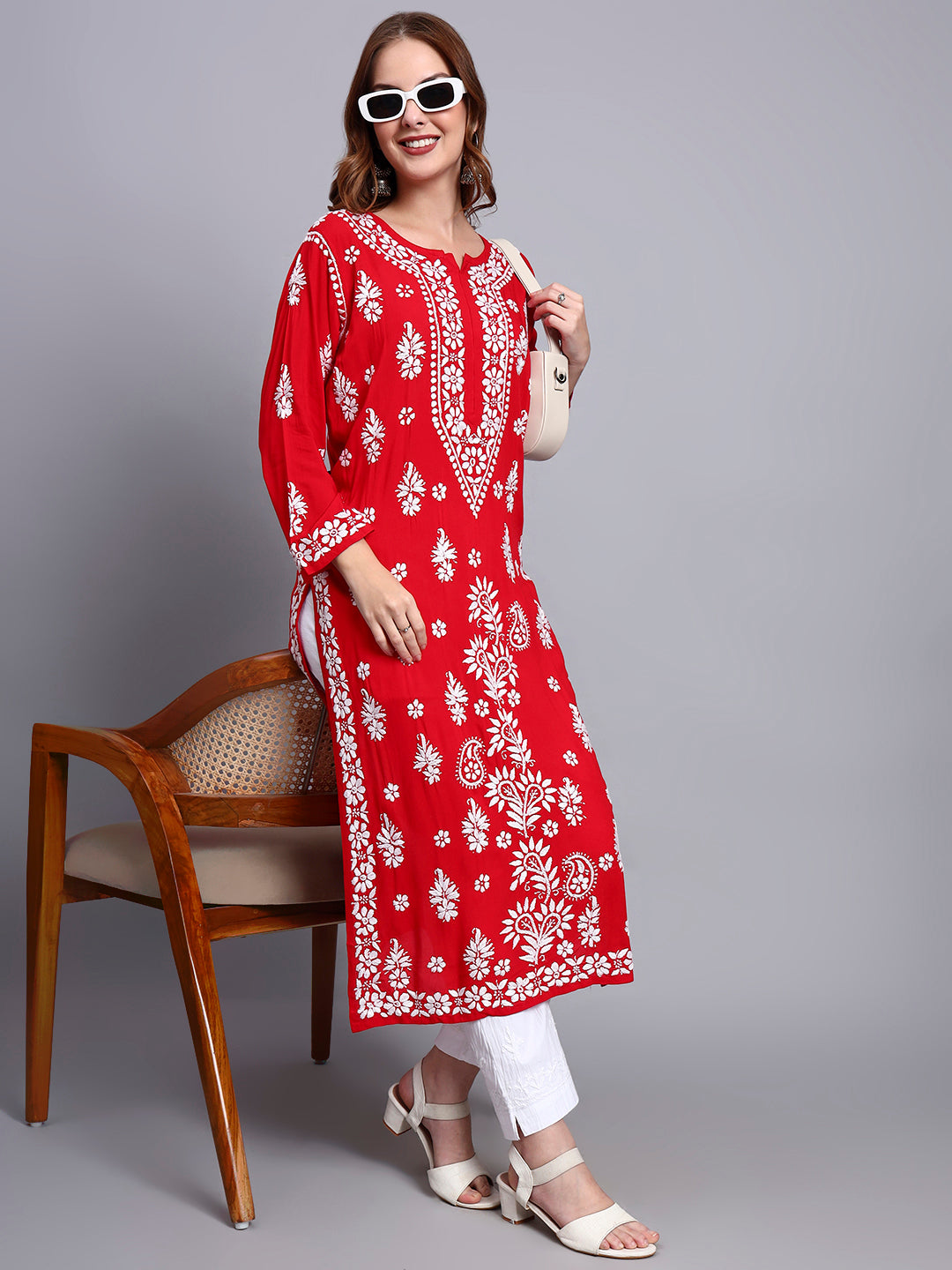 Women Hand Embroidered Chikankari Modal Straight Kurta-AL4042 Red