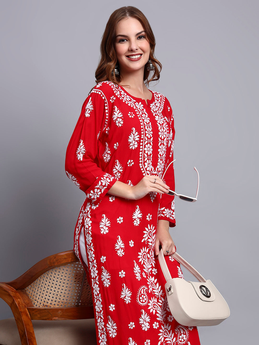 Women Hand Embroidered Chikankari Modal Straight Kurta-AL4042 Red