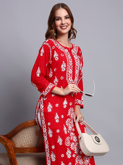 Women Hand Embroidered Chikankari Modal Straight Kurta-AL4042 Red