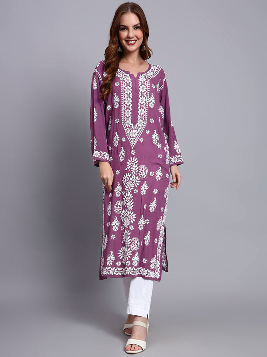 Women Hand Embroidered Chikankari Modal Straight Kurta-AL4042 Violet