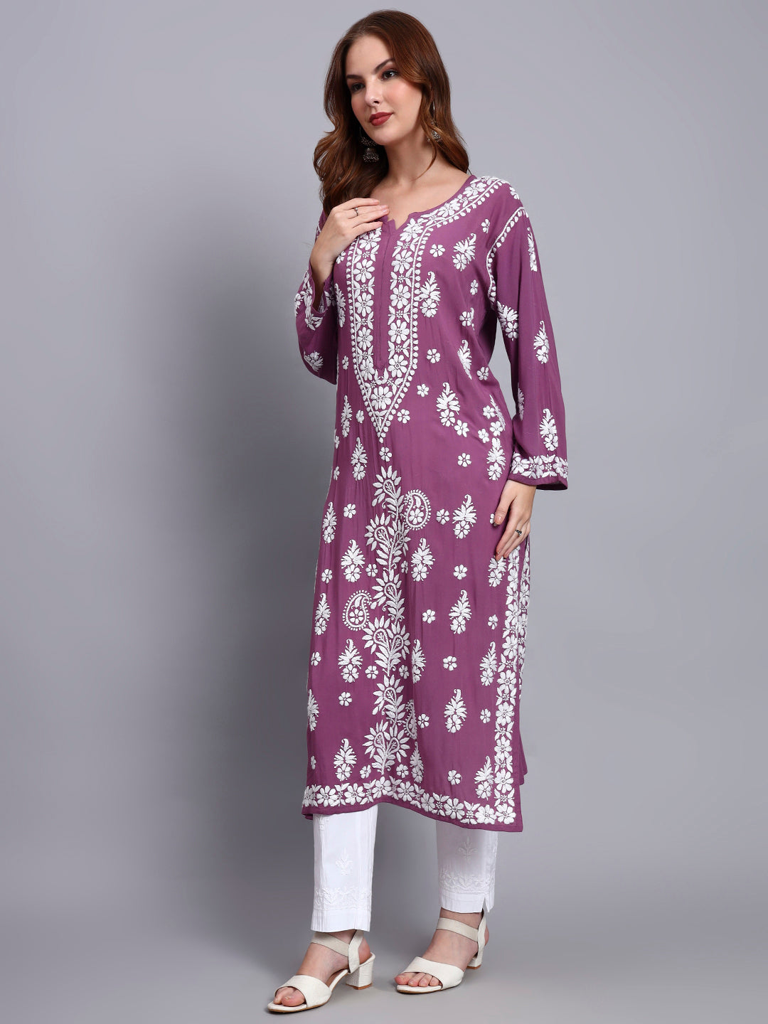 Women Hand Embroidered Chikankari Modal Straight Kurta-AL4042 Violet