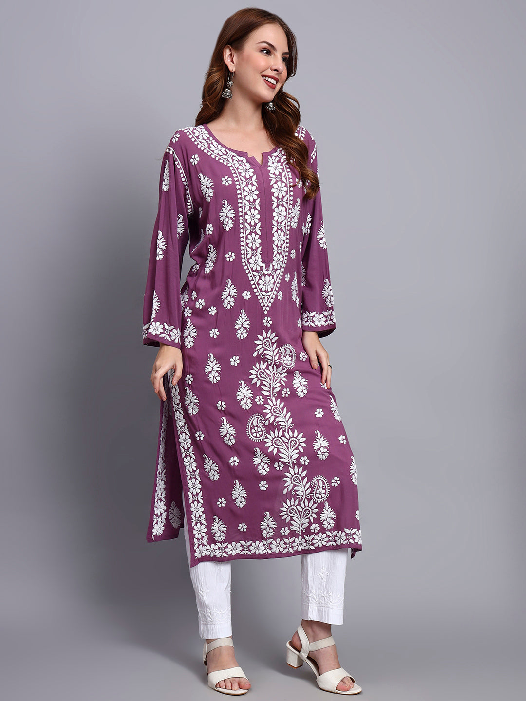 Women Hand Embroidered Chikankari Modal Straight Kurta-AL4042 Violet