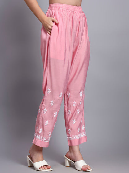 Women Hand Embroidered Chikankari Chanderi Kurta Set-AL4089KS Pink