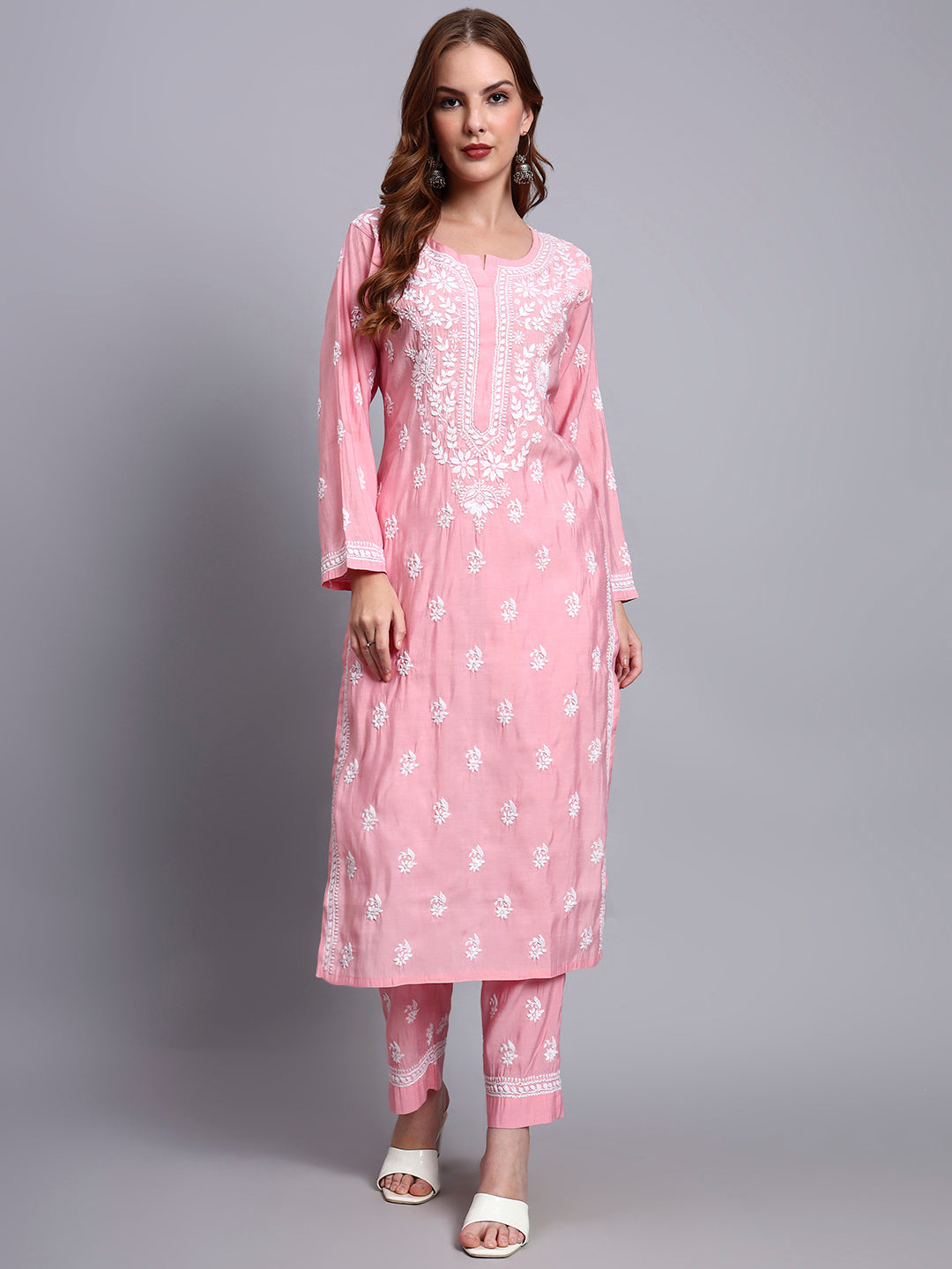 Women Hand Embroidered Chikankari Chanderi Kurta Set-AL4089KS Pink