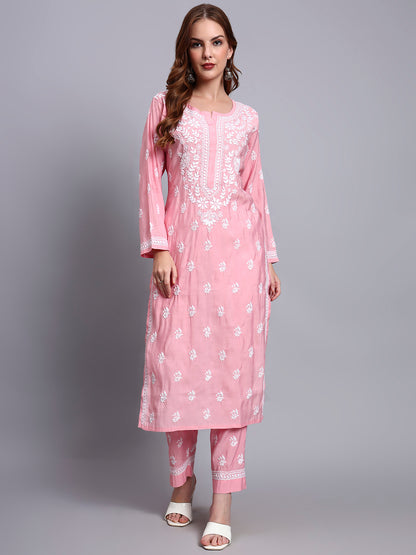 Women Hand Embroidered Chikankari Chanderi Kurta Set-AL4089KS Pink