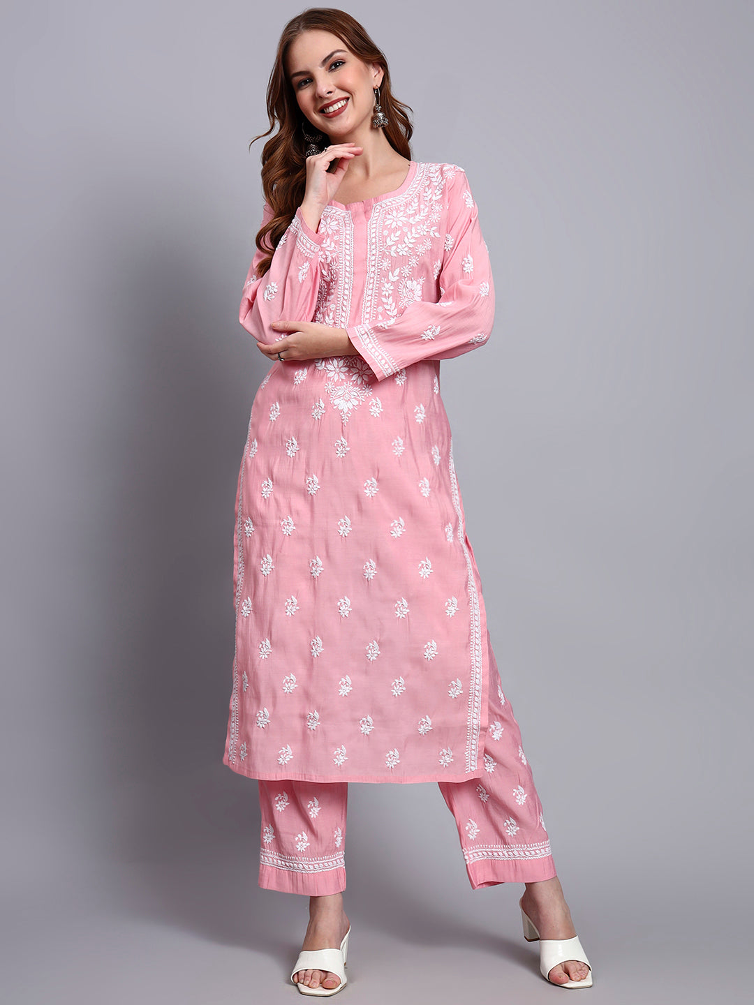 Women Hand Embroidered Chikankari Chanderi Kurta Set-AL4089KS Pink